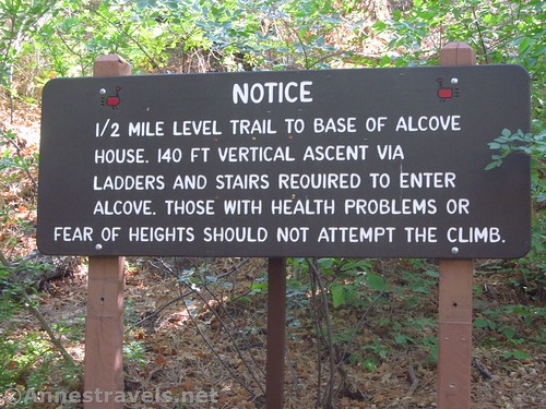 The sign warning visitors not to climb up to Alcove House in Bandelier National Monument, New Mexico