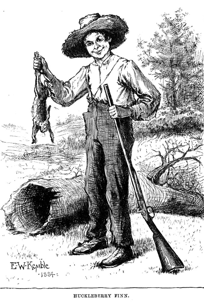 Drawing of Huckleberry Finn with a rabbit and a gun, as depicted by E. W. Kemble in the original 1884 edition of the book.