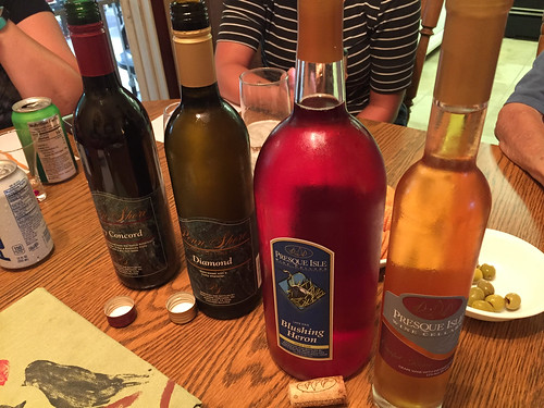 The wine lineup Penn Shore Winery Dry Concord and Diamond as well as Presque Isle Cellars Blushing Heron and Cinnamon Kisses