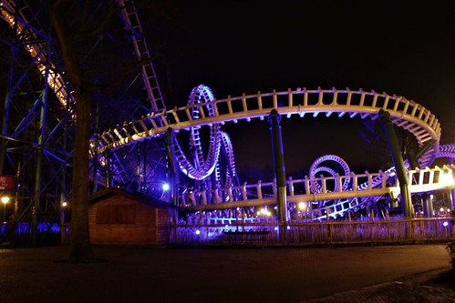 Steel roller coaster with loopings and corkscrew in the Efteling