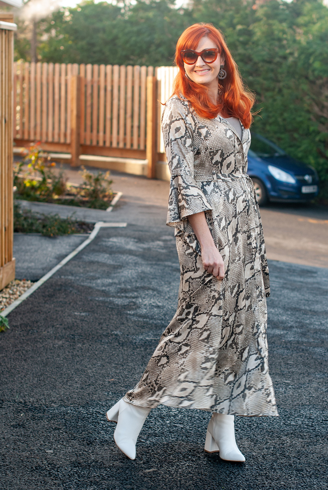 What to Wear for Christmas: A Snakeskin Maxi Dress With White Boots | Not Dressed As Lamb, over 40 style blog
