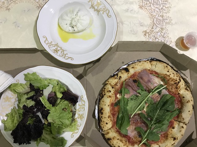 Gino's pizza, salad, and burrata