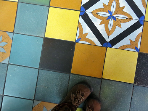 A colourful tiled floor at 17 Mile House, a historic inn (& pub) in Sooke on Vancouver Island, Canada