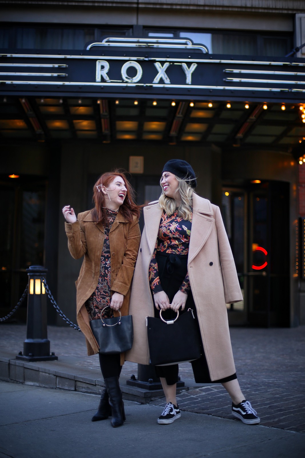 NYC Fashion Bloggers ASOS Paisley Print Winter Outfits Brown Coats Roxy Hotel Tribeca