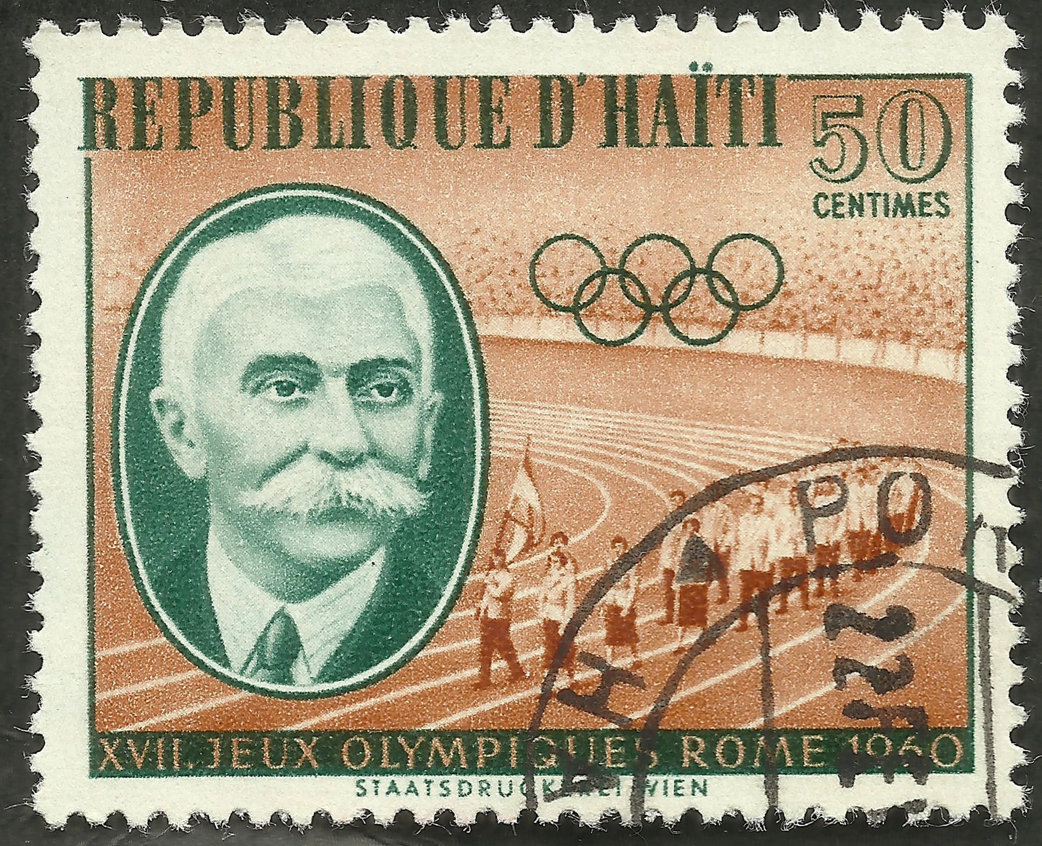 Haiti - Scott #464 (1960) - Baron Pierre de Coubertin, founder of the modern Olympic movement, was born on January 1, 1863.
