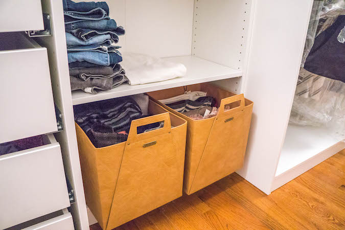 IKEA Pax wardrobe system for long and narrow small walk-in closet with Hearth & Hand leather bins