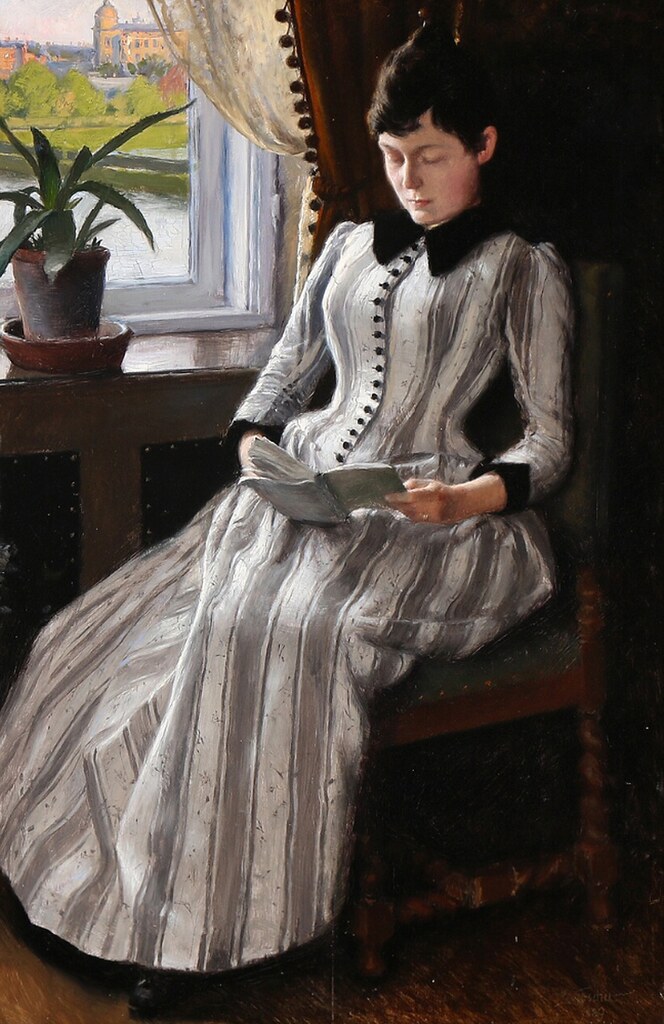 Paul Gustave Fischer «The painter's wife, Dagny, reading by the window», 1889 г.