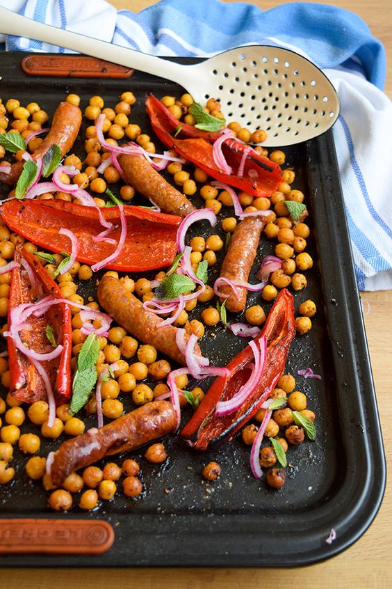 One Pan Merguez with Red Peppers & Crispy Chickpeas