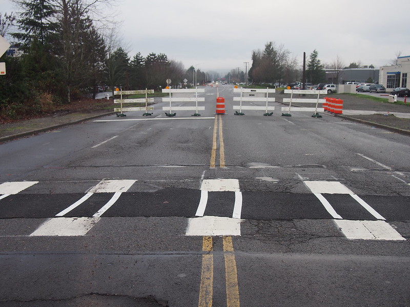 S 228th St Construction: The road is closed around the Interurban Trail here, so the crosswalk signal is turned off.