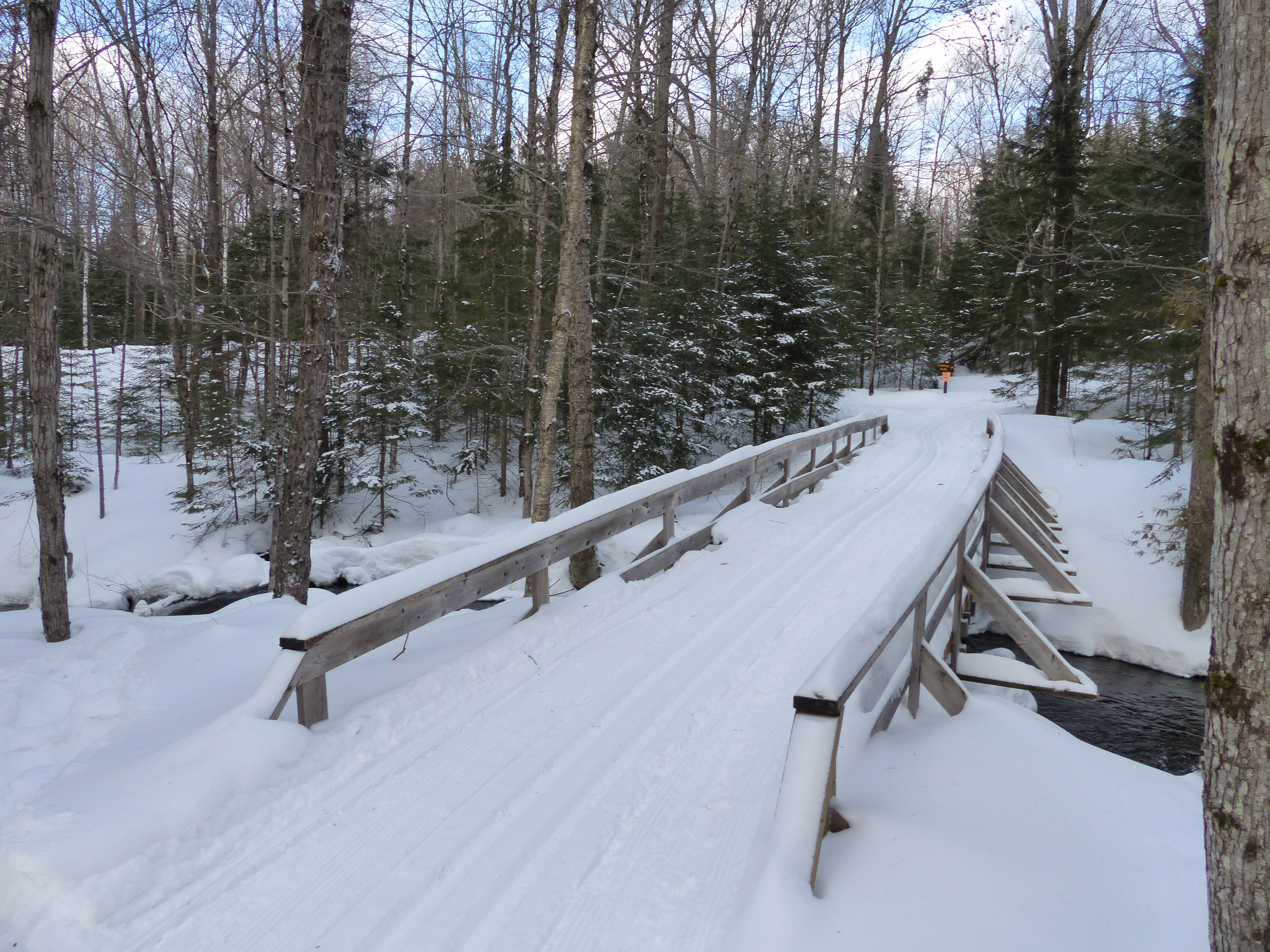 Silent Lake Provincial Park cross-country skiing trail over bridge