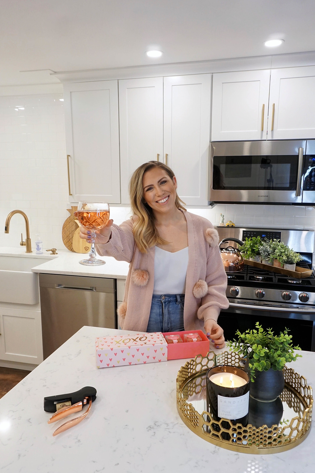 Pink Pom Pom Cardigan Cheers Rose Wine White Kitchen Gold Hardware Stainless Steel Appliances
