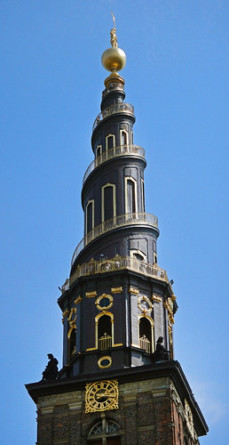 Spiral steeple of a church in Copenhagen, Denmark