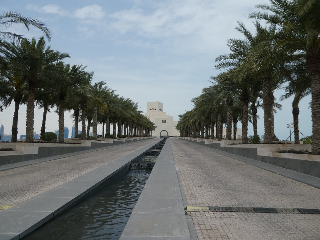 The palm tree lined entrance way to the Museum of Islamic Art, Doha