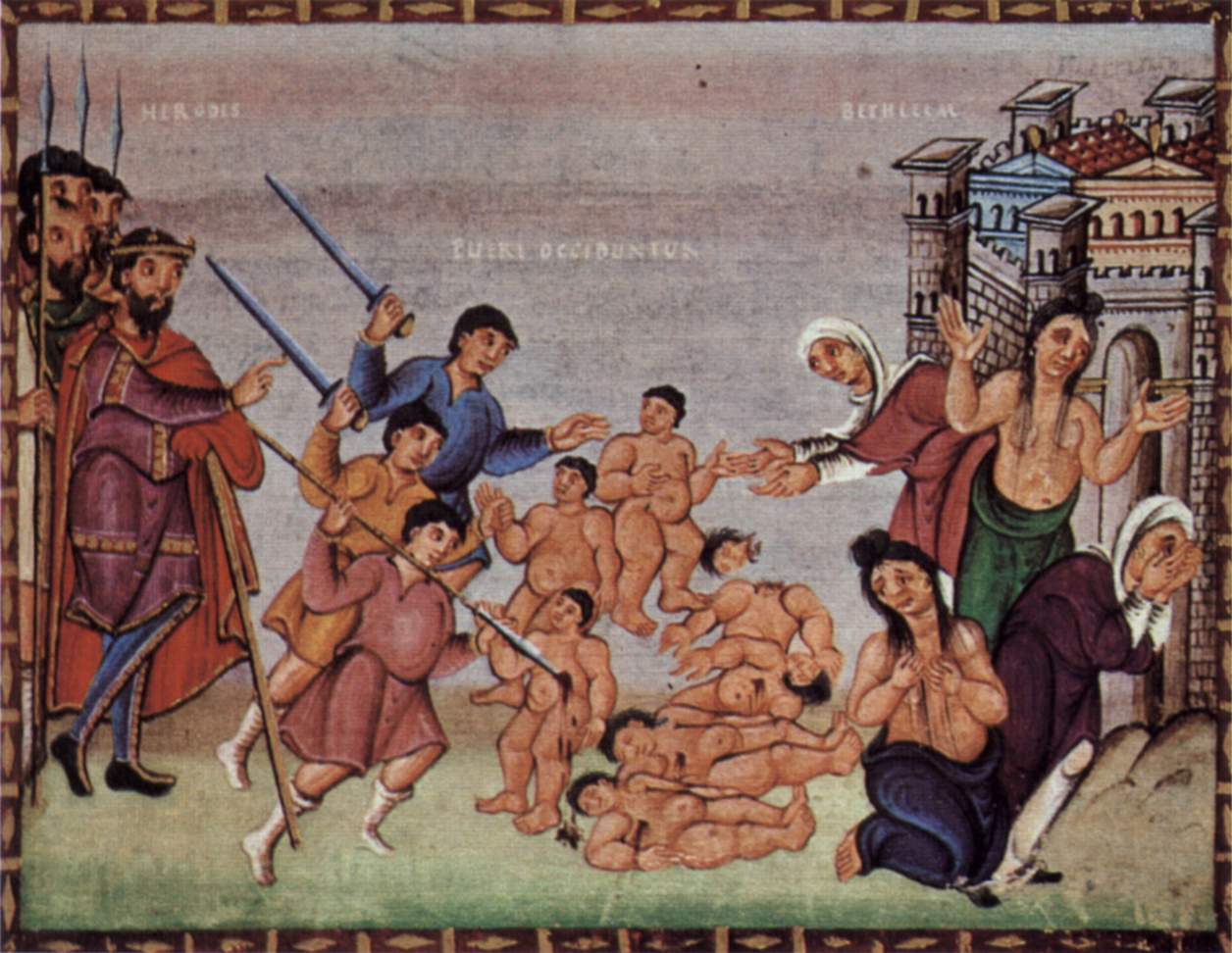 10th-century illuminated manuscript depicting the Massacre of the Innocents on paper. Currently in the collection of Stadtbibliothek in Tier, Germany.