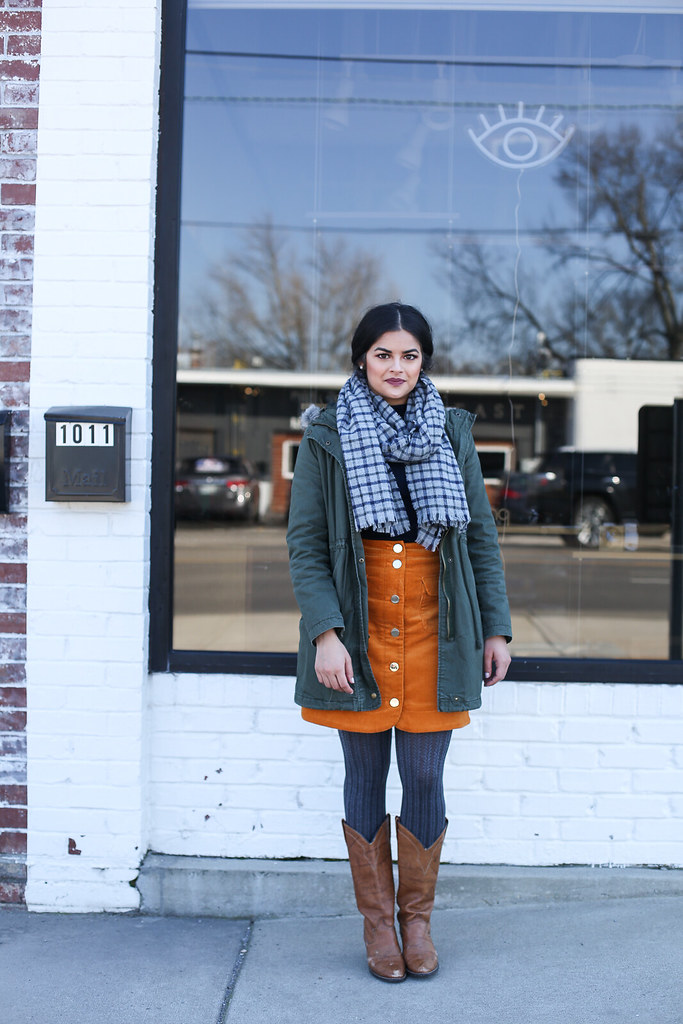 green old Navy Parka, Priya the Blog, Nashville style blog, Nashville style blogger, Nashville fashion blog, Nashville fashion blogger, cowboy boots, how to wear cowboy boots, Nashville cowboy boots outfit, 70s inspired outfit, 70s wear to work outfit, winter fashion, winter outfit with cowboy boots, winter wear to work outfit, corduroy skirt, winter outfit with layering, how to style a corduroy skirt, checked scarf