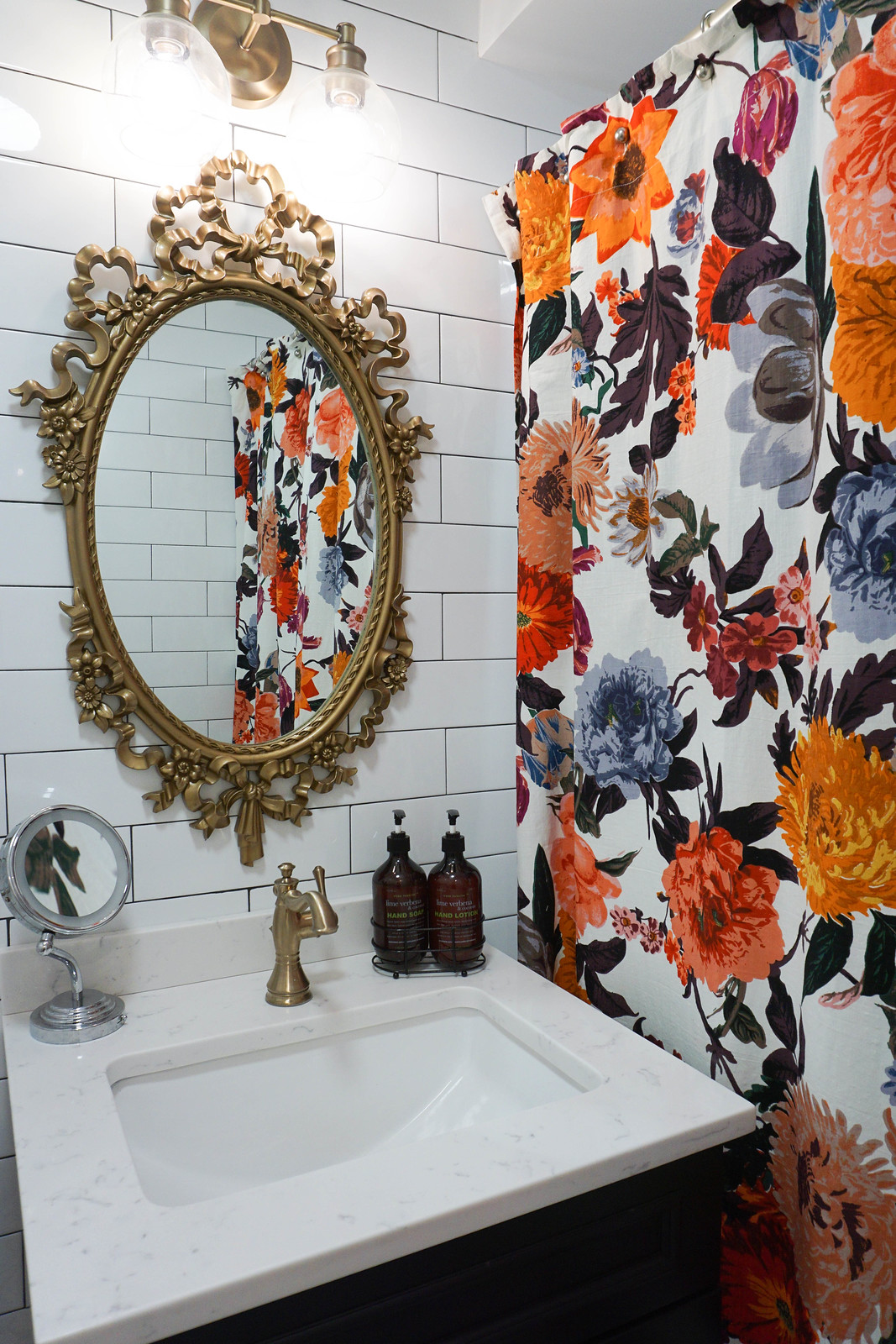 Anthropologie Agneta Floral Shower Curtain Vintage Gold Bathroom Mirror White Subway Tile Black Grout