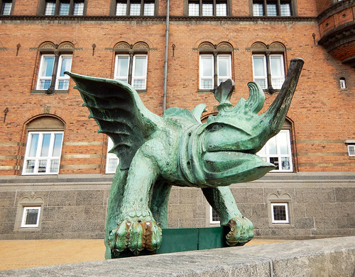 Winged dragon sculpture, made of weathered copper (verdigris), in Copenhagen, Denmark