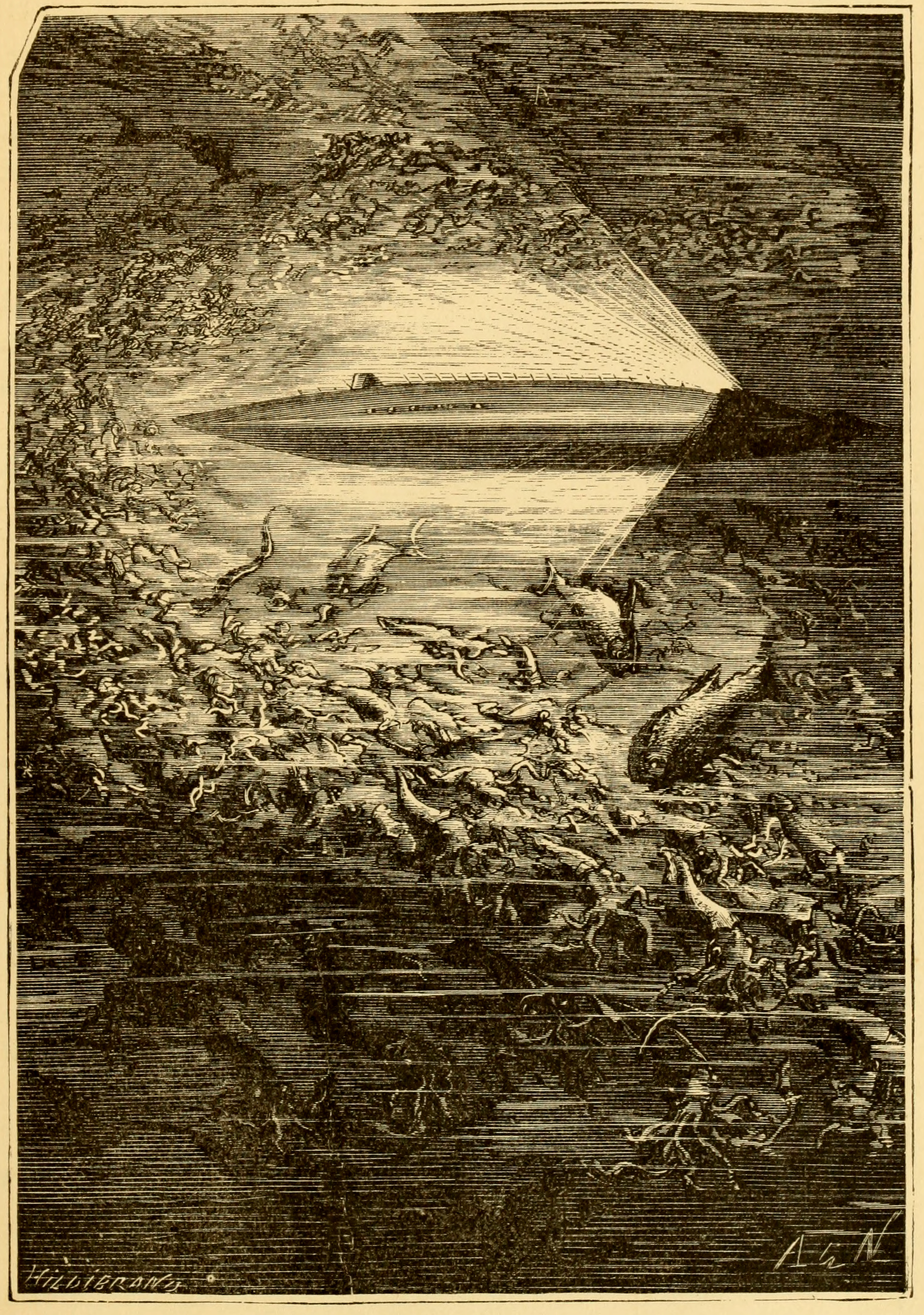 The Nautilus as imagined by Jules Verne. his image was originally featured in the Hetzel edition of 20000 Lieues Sous les Mers, and has also been featured in more recent editions. Taken from Boston Public Library scan of 1875 edition hosted on Internet Archive at https://archive.org/details/twentythousandle1875vern