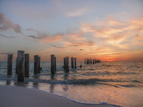 gulfofmexico beach landscape sunset peaceful water pelicans naples pilings clouds sand waves lines getolympus omdem1x em1mkiiomdem1markii 12100mm 12100mmf4 12100mmf4pro omd oly olympus breathtakinglandscapes