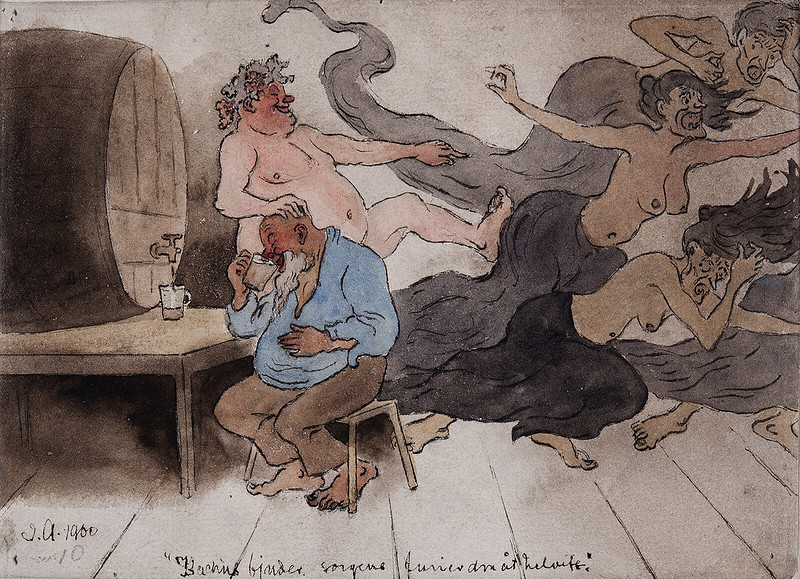 Ivar Arosenius - Bacchus invites the pangs of sorrow to hell, 1900