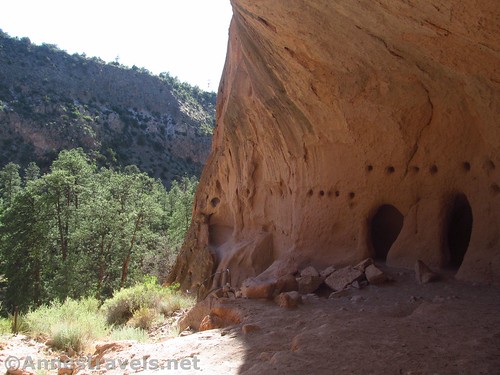 A closer view of the caves in Alcove House - the circular holes held beams for roofs - Bandelier National Monument, New Mexico