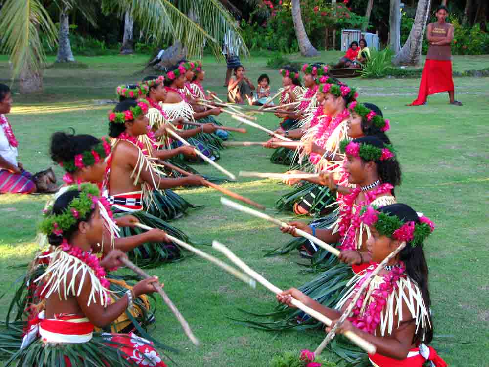 People performing a welcome ceremony on Ulithi atoll. Photo taken on July 6, 2008.