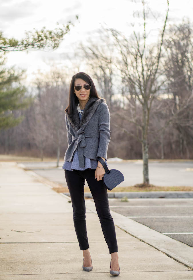 Bois du Boulogne cardigan via Anthropologie, Ann Taylor twisted pearlized pave necklace, theory marled peplum top, black skinny jeans, Polene Numero Six, Manolo Blahnik suede BB pumps