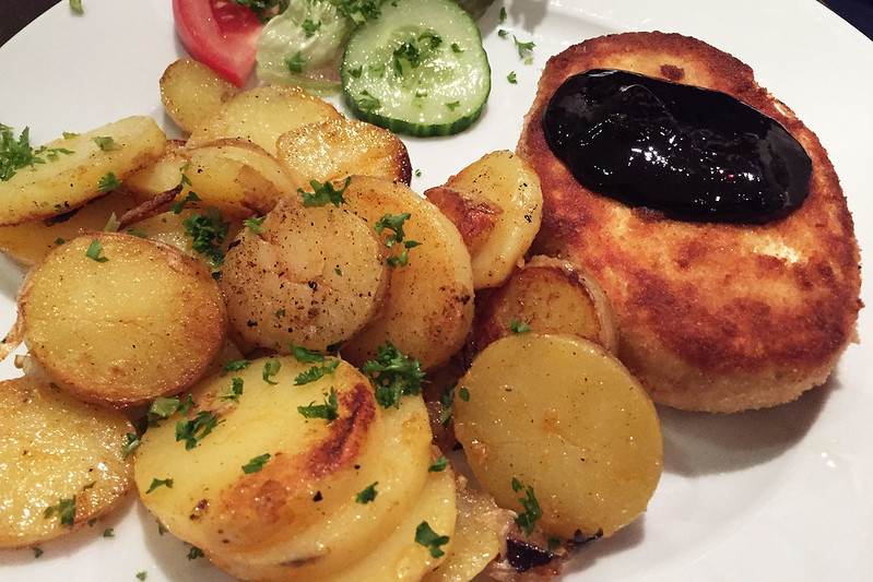 Fried camembert and potatoes
