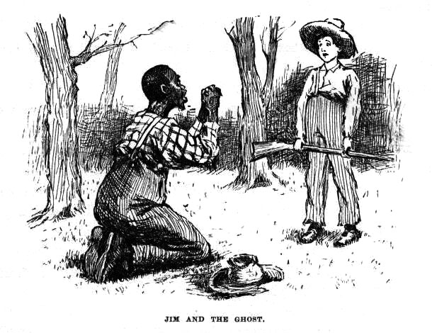In this scene illustrated by E. W. Kemble, Jim has given Huck up for dead and when he reappears thinks he must be a ghost. From the original 1884 edition of the book. 