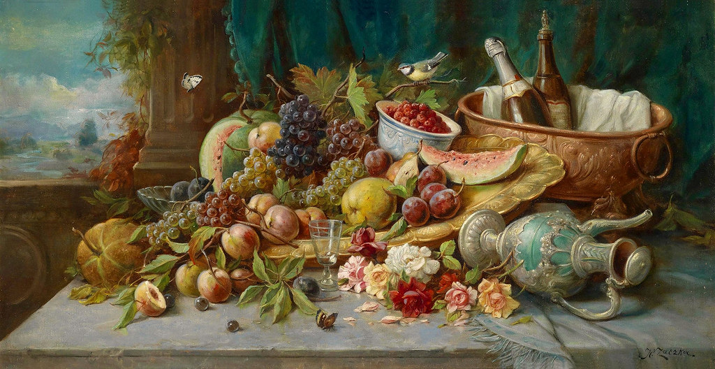 Hans Zatzka «Great ripening life with wine»Oil on canvas; 71x137 cm.
