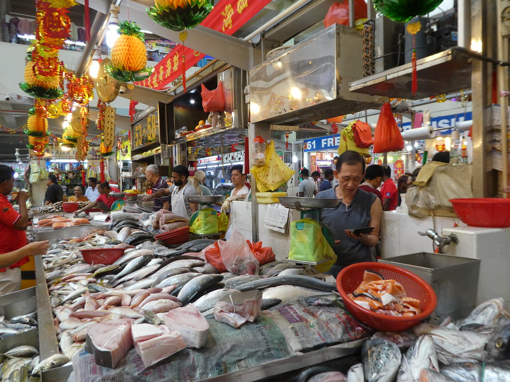 Market stalls selling fish at the Tekka Centre, Little India, Singapore 