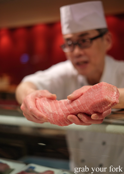 Chef Toshihiko Oe with southern bluefin tuna oottoro at his omakase at Masuya Sydney
