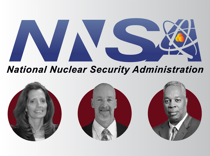 The NNSA logo and portraits of three of its employees.