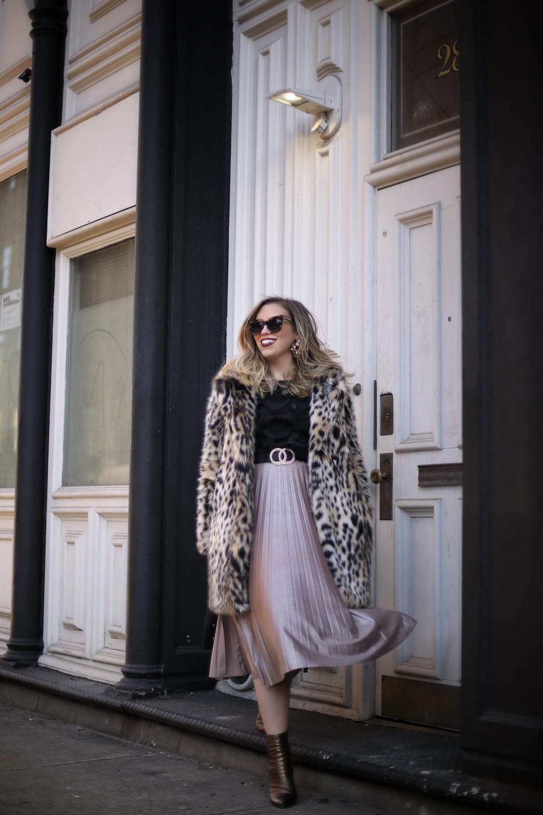 Leopard Faux Fur Coat Pleated Midi Skirt Bronze Booties Sex in the City NYC Street Style Winter Outfit Inspiration