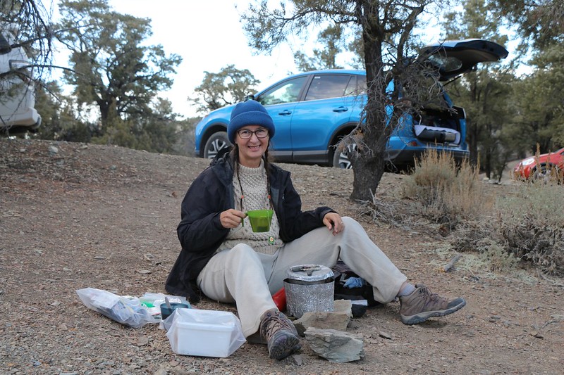 Vicki steeps her afternoon tea at the Mahogany Flat Campground