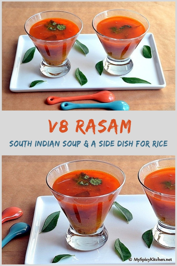 V8 rasam - spicy South Indian soup for Pinterest.
