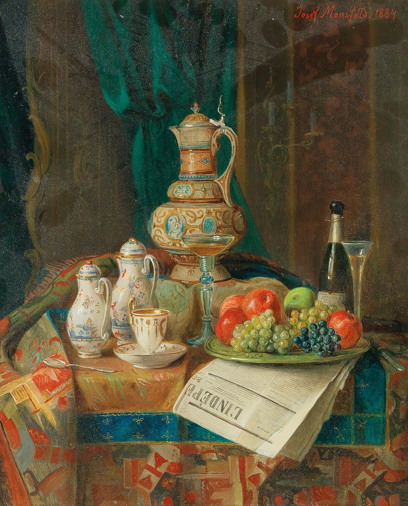 Josef Mansfeld «Still Life with Fruit, Sparkling Wine and decorative objects», 1884 г.