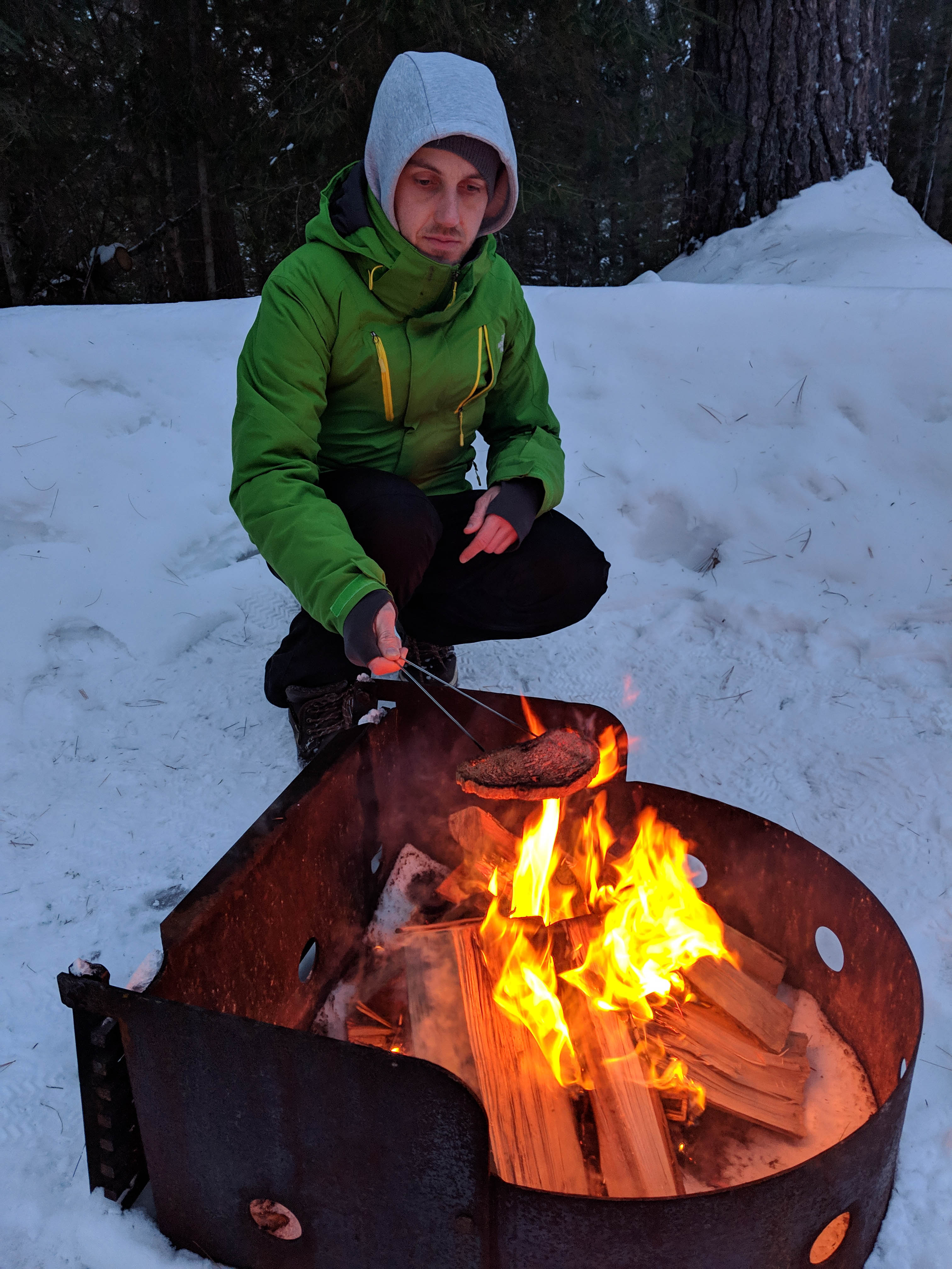 Silent Lake Provincial Park - toasting bread over fire pit