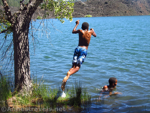 Jumping into Butte Lake in Lassen Volcanic National Park, California