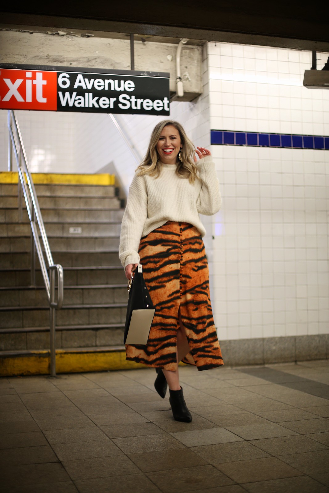 White Reformation Finn Sweater ASOS Orange Tiger Print Skirt Winter Outfit Canal Street Subway Fashion Photo Shoot