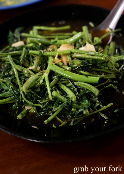 Stir fried kang kong water spinach at Baan Khao Lak Seafood Restaurant in Thailand
