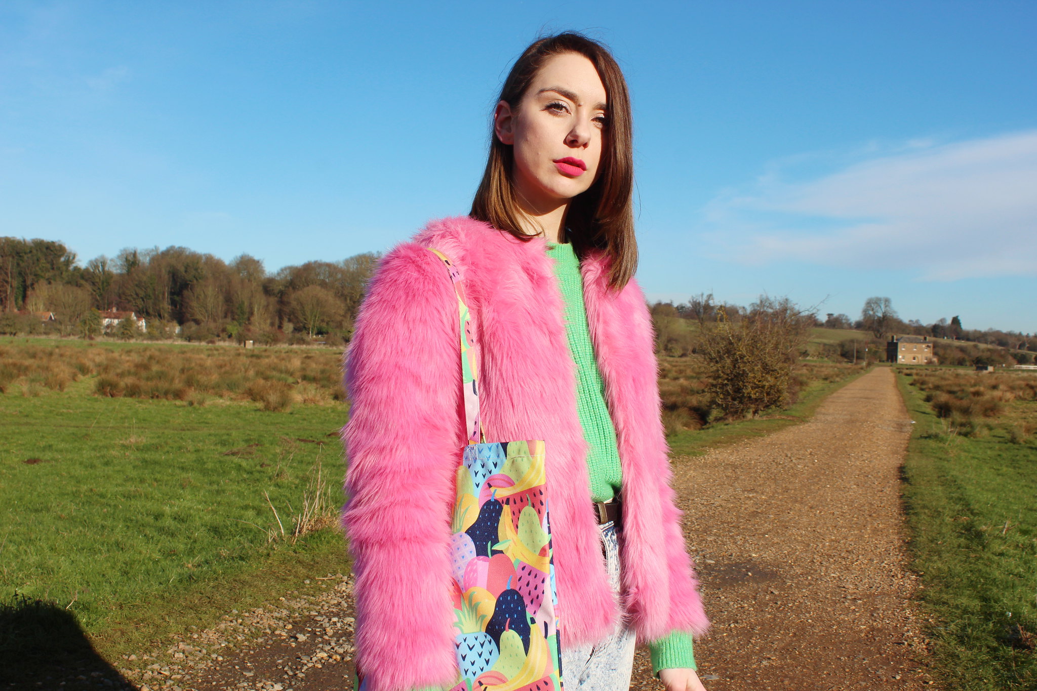 Pink Fur Coat, Green Knit and Mom Jeans