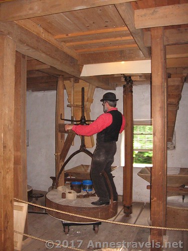 The interpreter, on our first visit, demonstrates how easy it is to lift the millstone - and himself - using a screw made for the purpose at the Cooper Mill in Chester, New Jersey