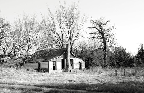 abandonedhouse shadows blackandwhite ruts baretrees winter sky openwindows opendoorway brokenroof grass monochrome fadedpaint weathered htmt