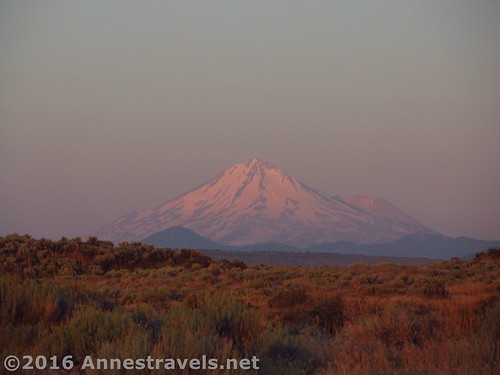 Hazy Mt. Shasta in the sunrise from near the East Wildlife Overlook, Lava Beds National Park, California